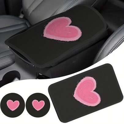 3pcs Set: 1pc Pink Heart Print Armrest Pad + 2pcs Matching Print Car Cup Holders, Waterproof Center Console Armrest Pad, Suitable For All Seasons, Car Interior Decor Accessories