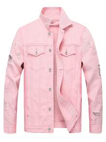 Keevoom Men's Light Pink Distressed Denim Jacket, Casual Ripped Button Up Jacket For Daily Wear - 粉色 - 查看 13