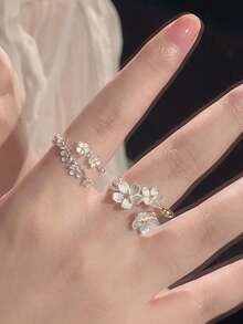 2pcs/Set Cincin Terbuka Motif Bunga 3D Romantis Prancis & Gugusan Bunga Sakura, Cocok untuk Pemakaian Sehari-hari Wanita, Festival, Pantai, Pesta, Hadiah Luar Biasa untuk Pasangan atau Sahabat Terbaik - Putih - View 3