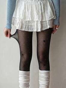 1 Pair Floral & Rhinestone Decorated Pantyhose/Tights - Available In 4 Colors: Blue/White/Black/Yellow. This Pantyhose Features A 3D Rhinestone And Petal Pattern Design, With A Sensual Aesthetic. The High-Waist Design Prevents Slipping, Making It Very Suitable For Spring And Summer Wear. It Pairs Perfectly With Cute-Style Outfits. - Multicolor - View 13