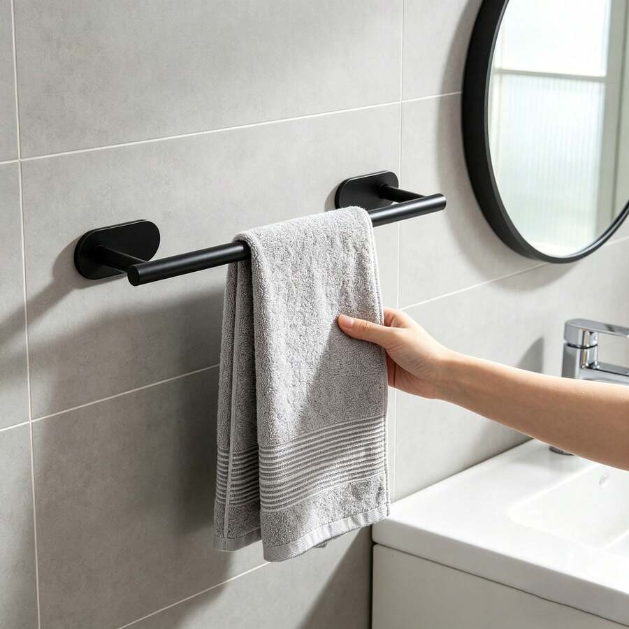 No Drill Towel Bar Renter-Friendly Bathroom Towel Rack Black Minimalist Wall-Mounted Hanger Reusable No Damage - Multicolor - View 1