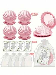 12pcs/4sets Shell Shaped Mirror & Comb 2-In-1 Set, Includes 4 Shell Mirrors, 4 Thank You Cards, And 4 Organza Bags, Suitable For Weddings, Bachelorette Parties, And Hen Parties - Multicolor - View 12