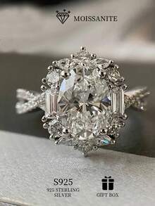 1.5克拉椭圆形莫桑石戒指，修长造型更显大颗，经典单钻订婚结婚珠宝，情人节或母亲节完美礼物，附带证书 - 白金 - 查看 2