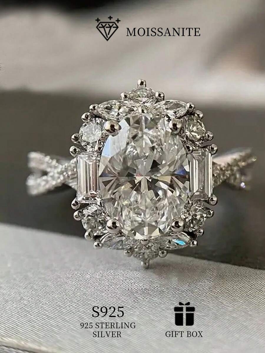 1.5克拉椭圆形莫桑石戒指，修长造型更显大颗，经典单钻订婚结婚珠宝，情人节或母亲节完美礼物，附带证书