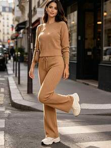 Women's Knitted Set: Blouse And Shaping Pants, Comfortable And Versatile For Everyday Wear - Khaki - View 3