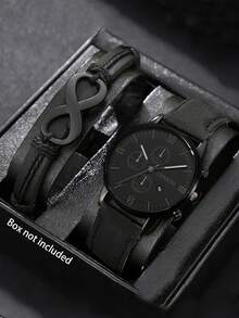 2pcs/Set Jam Tangan Quartz Geneva Kasual Pria dengan Kalender & Tali Kulit - Set dua potong - View 2