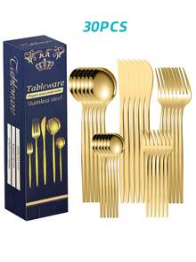 30件套不锈钢葡萄牙风格餐具套装,带礼盒,包含叉子和勺子,西式餐具套装,适用于家庭、厨房、餐厅、酒店、婚礼、学校用品 - - - 查看 9