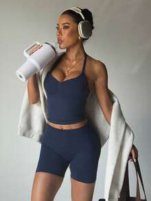 Women's Adjustable Strap Long Fitness Tank Top - Navy Blue - View 6