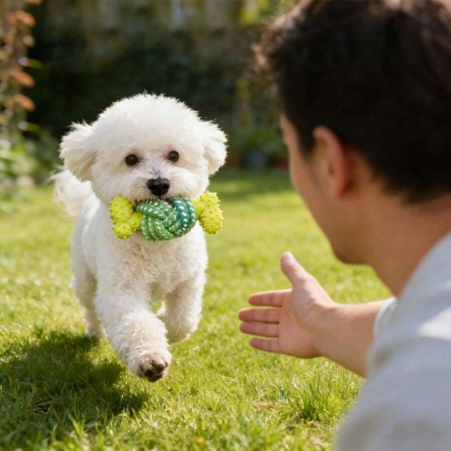 1PC Multi-Color Pet Dog Chew Rope Toy, With TPR Raised Bone Knot Toy, Durable Rope Knot Grinding And Cleaning Toy, Interactive Chew Resistant Toy For Small And Medium-Sized Dogs, Cute Cartoon Style, Perfect For Small Dog Teething, Boredom Relief - Multicolor - View 1