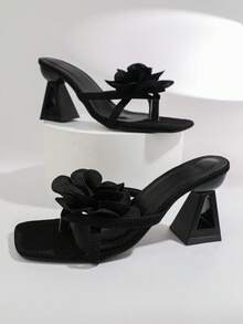 Sandalias de tacón alto con diseño de mariposa de punta cuadrada, nuevas llegadas de primavera/verano 2025, estilo elegante de diosa con tacón grueso - Negro - Ver 3