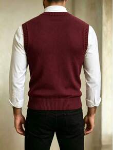 Áo vest nam cổ chữ V dệt kim, màu trơn, dễ phối đồ, thích hợp cho công sở, mặc nhiều lớp áo để mặc hàng ngày và đi làm, mùa thu/đông. - Màu Đỏ Sâu - Xem 3