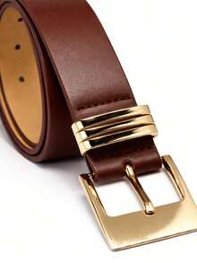1 Piece Of Women's Black Belt With Organic-Shaped Buckle, Classic Style, Versatile Metal, Premium PU Leather With High Durability. - 深棕色 - 查看 6