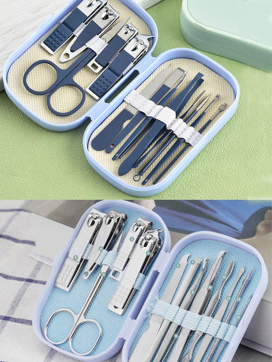 14pcs Stainless Steel Manicure Set, Includes Nail Clippers, Scissors, Toenail Clippers And Foot Care Tools - Unisex Portable Travel Manicure Tool Set With Travel Storage Box - Blue - View 1