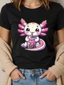 Camiseta casual de cuello redondo con gráfico lindo de axolotl mexicano Boba azul/rosa, camiseta de verano con estampado divertido para mujer - Negro - Ver 1