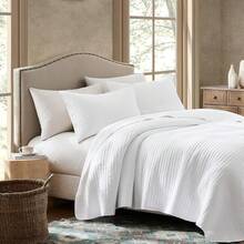 King Size Quilt Set - 100% Cotton, White Striped Pick Stitch, Soft Lightweight Bedspread, Linen-Like Texture, Farmhouse Rustic Coverlet, Shabby Chic Gauze Bedding, 3 Pieces - White - View 4