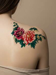 1pc Waterproof & Smudge-Proof Temporary Tattoo Sticker, PVC Faux Peony Flower Tattoo Design, For Daily Use - Red - View 6