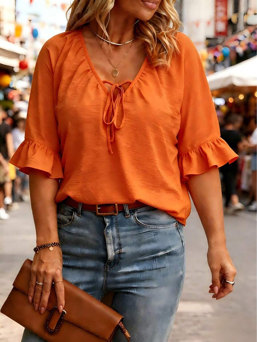 Blus Wanita Ukuran Besar Model Baru yang Elegan, Warna Polos, dengan Hem Berumbai dan Simpul, Pakaian Kasual Musim Panas