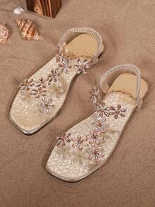 Giày sandal đế bằng đính pha lê lấp lánh, kiểu dáng thanh lịch dành cho nữ tuổi teen, quai trong suốt, quai sau co giãn, mũi vuông, thích hợp cho các buổi tiệc hoặc các dịp thường ngày. - Vàng - Xem 8