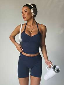 Women's Adjustable Strap Long Fitness Tank Top - Navy Blue - View 4