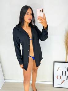 Women's Beach Cover-Up Shirt Maxi With Button-Down Long Sleeves Blouse Kimono Summer Fashion Simple Elegant Elegance Beach Vacation - 黑色 - 查看 5