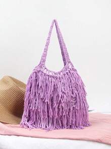 BAILEE Fashion Casual Tassel Edge Solid Color Crochet Shoulder Bag, Handmade, Foldable And Portable, Suitable For Matching Outfits And As A Gift - Multicolor - View 7