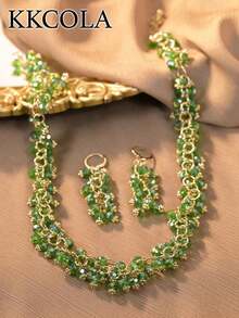 KKCOLA 3pcs/Set Summer Fashion Green Necklace Set Earrings Necklace Set, High-End Jewelry Birthday Gift Party Mother's Day Premium Jewelry Chain Accessories, Fashionable Everyday Wear - 黑色 - 查看 4