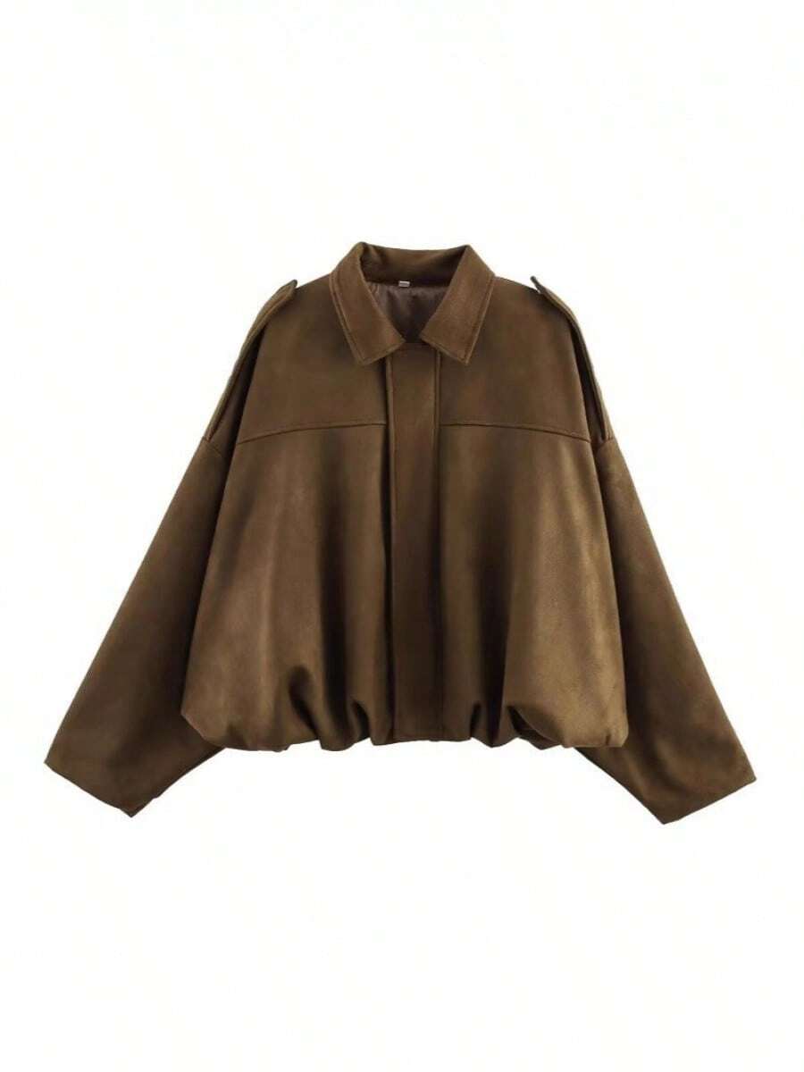 ZA's Popular New-Style Suede Textured Aviator Jacket. - 棕色上衣 - 查看 1