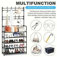 4-Tier/5-Tier Freestanding Metal Shoe Rack (Rack Material: Non-Woven Fabric), Can Be Used As Coat Rack, Multipurpose Outdoor Storage Rack, Independent Wardrobe Hooks, Multi-Layer Indoor Shoe Rack, Comes With 8 Dual Hook Stainless Steel Shoe & Hat Combination Hooks, 3-In-1 Space Saving Storage Rack - Multicolor - View 6