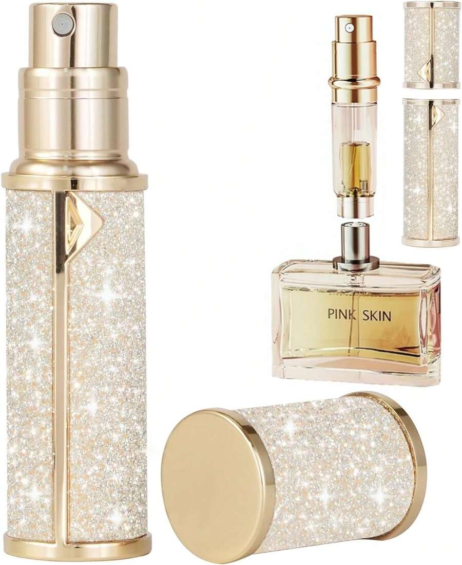 SAWOHO Travel Perfume Bottle Refillable,Valentine'S Day Gift Perfume Travel Refillable Mini Spray Bottles Leather Cologne Dispenser, Portable Empty Spray Bottle Dispense Filling Atomizer 5ml (Golden) - ColorB - 查看 1
