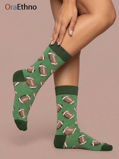 1 Pair Unisex Green American Football Pattern Contrast Details Polyester Breathable Sporty Mid-Calf Socks For Daily Wear And Sports