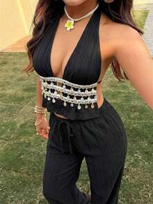 Conjunto de Dos Piezas para Mujer: Top Halter con Cuello en V Profundo y Textura Arrugada Color Albaricoque y Pantalones de Pierna Recta de Cintura Baja, Estilo Bohemio, Minimalista, Elegante, Vintage, Casual y Versátil para Vacaciones de Primavera/Verano en la Playa - Negro - Ver 3