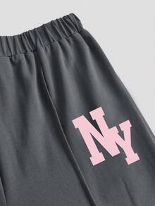 Youth Girl Letter Print Round Neck Long Sleeve Top And Pants Set - Dark Grey - View 4