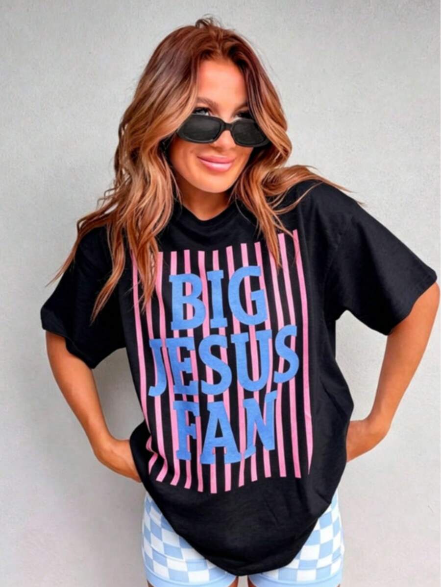 Big Jesus Fan Graphic Top-Loose-Fit Easy Relaxed Style, - Black - View 1