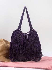 BAILEE Fashion Casual Tassel Edge Solid Color Crochet Shoulder Bag, Handmade, Foldable And Portable, Suitable For Matching Outfits And As A Gift - Multicolor - View 14