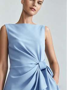 Vacation Style Solid Color Woven Fabric Front Tie Bow Asymmetric Top, Suitable For Dates, Holidays, Office, All Seasons Summer - Dusty Blue - View 4
