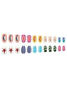 Bộ 24 móng tay giả hình oval dài vừa phải, họa tiết mùa hè ngọt ngào, cá mập, sao biển, sọc, hoa văn, làm từ acrylic, bao gồm 1 dũa móng và 1 gel dán, phù hợp cho mọi phụ nữ/bé gái sử dụng hàng ngày, lễ hội, tiệc bãi biển và các hoạt động cần thiết cho kỳ nghỉ hè. - Nhiều màu - Xem 2