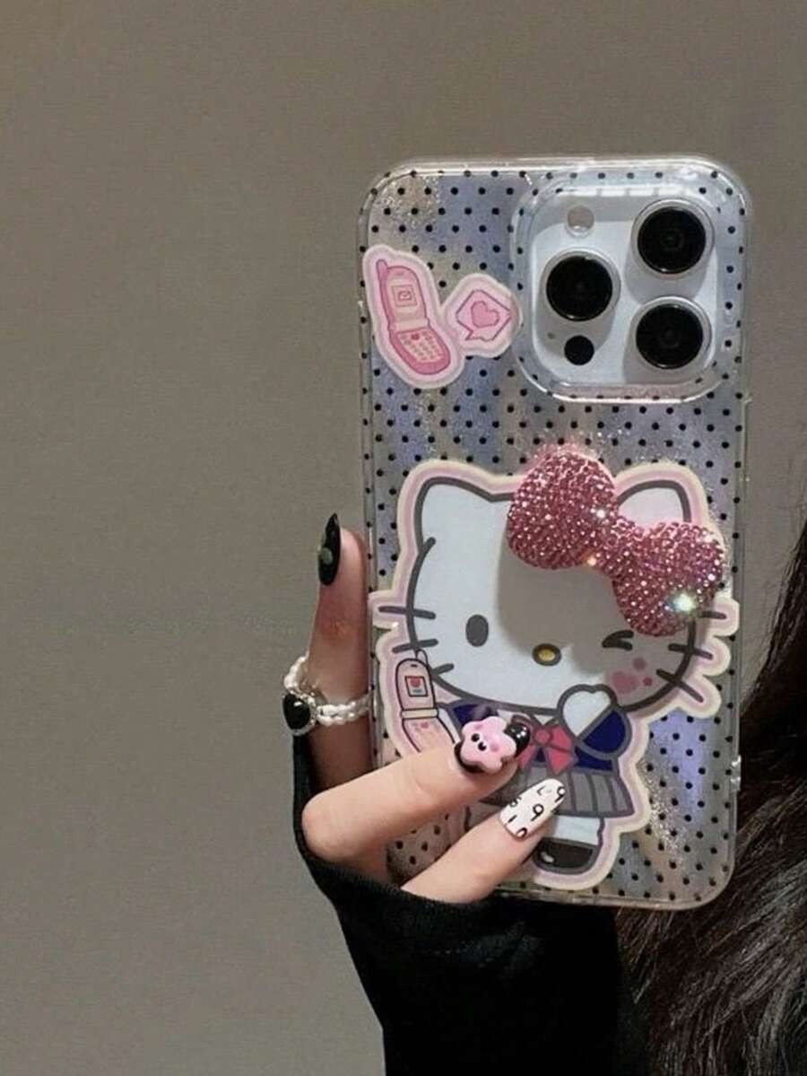 SANRIO Funda de teléfono con estilo coreano, lunares, Hello Kitty 3D, lazo de cristal, dibujos animados lindos, compatible con iPhone 17 17Pro 17PM 16 16Pro 16PM 15 15Pro 15PM 14ProMax 14Pro 14 13ProMax 13Pro 12ProMax 12Pro 11 11ProMax SE, cubierta protectora de moda - Multicolor - Ver 1