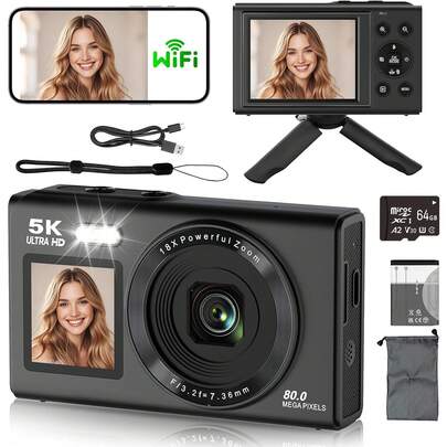 5K Digitalkamera, 80MP Vlog Dual-Bildschirm-Camcorder geeignet für Videoblogging, 18x digitaler Zoom und Blitz, Dual-Bildschirm-Kamera mit 32GB oder 64GB TF-Karte und 2 Batterien, kompakte tragbare Kamera geeignet für Teenager, Studenten, Urlaubsgeschenke