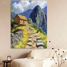 1 pieza decon estampado de viaje Machu Picchu con marco - , paisaje montañoso vibrante con camino de piedra, marco depara decoración del hogar, regalo perfecto para amantes del arte, pieza de acento para el hogar | Arte de paisaje vibrante | Marco deduradera, decoración de pared - Enmarcado - Ver 4