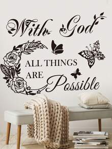 4 Styles Of Black And White Inspirational Quote Wall Stickers, With Butterfly, Rose, And Religious Memorial Options. Self-Adhesive, Waterproof, Removable PVC Material. Perfect For Decorating Bedroom And Living Room Walls. - Wall Stickers - View 13
