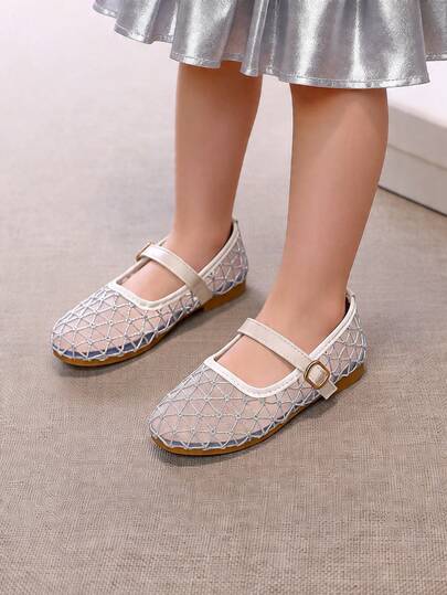1 Pair European And American Style Girls' Sweet Mary Jane Shoes, Soft Sole Anti-Slip Hook And Loop Closure Princess Shoes, Girls' Soft Sole Silver Rhombus Mesh Shoes, Versatile Outdoor Wear, Children Breathable Dress Shoes