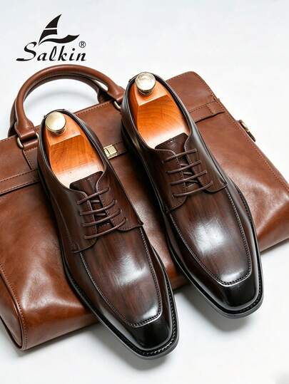 Salkin Classic Retro Designer Men's Derby Shoes With Red Sole, Modern Luxury Brogue Soft Leather Dress Shoes, Breathable Pointed Toe Lace-Up Formal Shoes For Gentlemen, Business, Social Events, Weddings. Suitable For Dates, Romantic Dinners, Holidays. Student School Shoes, Collegiate Style. Recommend Sizing Up One Size.