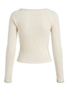 Women's Crew Neck Long Sleeve Ribbed White Top With Cute Bow Decor - Apricot - View 8