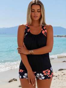2026 New Women's Tankini: Black With Tropical Floral Print Tank Top And Boyleg Bottoms - màu đen - Xem 2