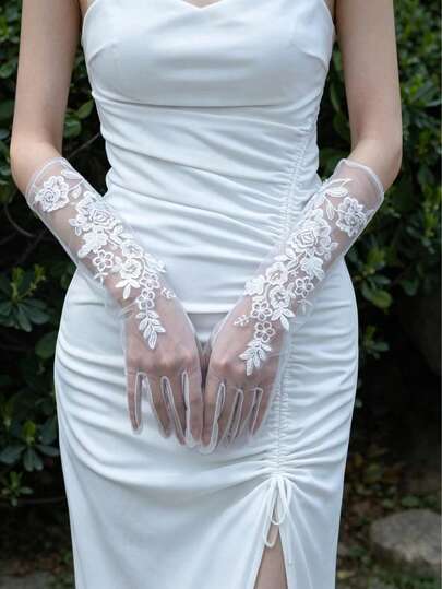 1 Paio di Guanti in Pizzo Francese - Guanti da Sposa di Alta Qualità, Una Scelta Regalo Ideale. Questi Guanti Lunghi Sono Realizzati in Tessuto di Rete Leggera e Trasparente, Coprendo Elegantemente Eventuali Imperfezioni Sulle Mani, Un Accessorio Raffinato per Creare Sofisticati Look Fotografici da Sposa.