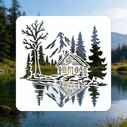 1pc Forest Cabin Painting Template - DIY Template With Cabin, Pine Trees, Lake And Mountain Shapes, Suitable For Fabric, Paper, Spray Painting, Handicrafts, Wall Art, Nature Themed Template