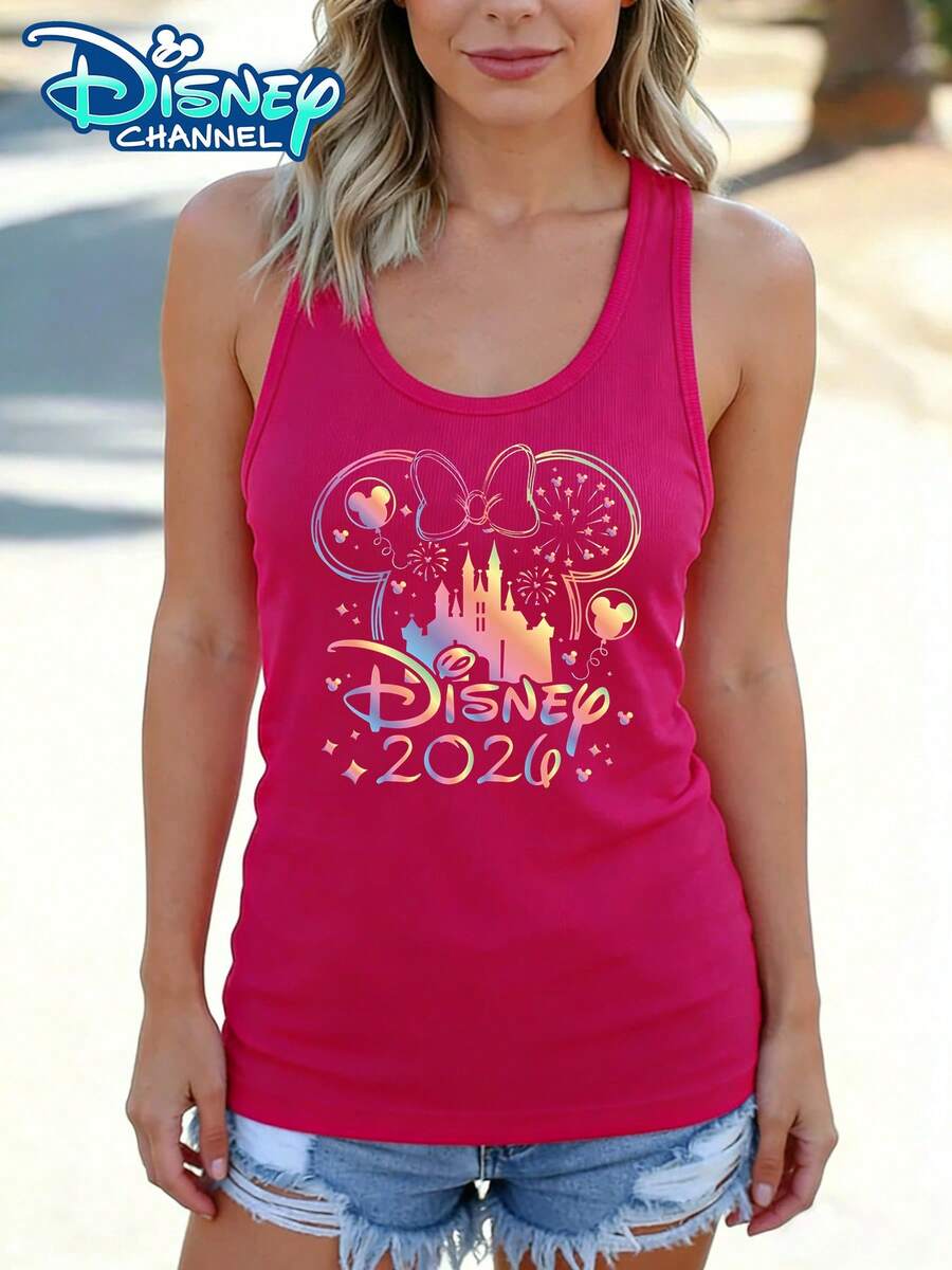 Disney Official Authorization | Women's Casual Crew Neck Sleeveless Tank Top. Featuring A Mickey Mouse Head Silhouette, Combined With 2026 Rainbow Castle, Fireworks And Balloon Elements. The Fabric Is Soft And Breathable, Making It Perfect For Vacations, Outings And Daily Casual Wear. - 玫紅色 - 查看 1
