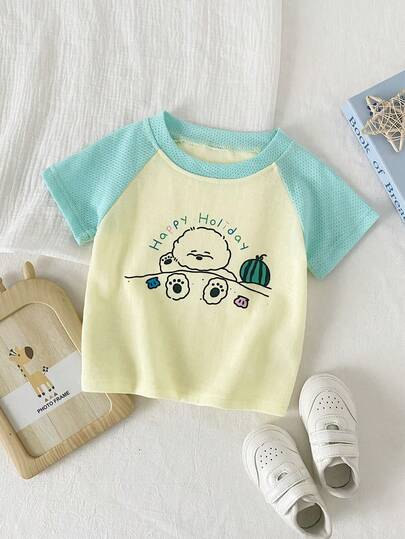 2026 Summer New Baby Raglan Sleeve Short Sleeve T-Shirt, Toddler Mesh Breathable Patchwork Top, 0-3 Years Old Kids Refreshing Summer Outfit, Cute Cartoon Puppy & Watermelon Print, Fresh Yellow & Blue Color, Adorable Holiday Theme Print T-Shirt