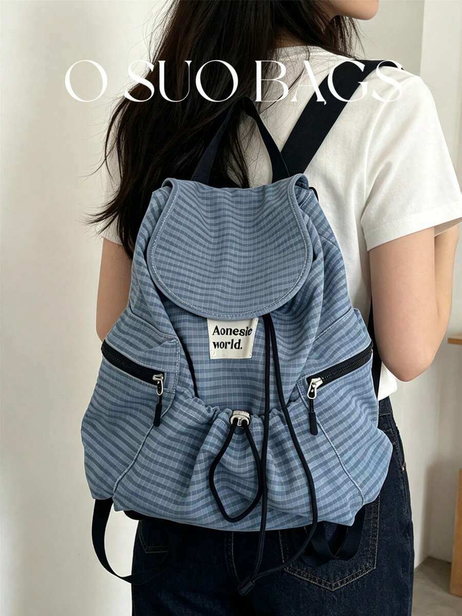 Ba lô nylon kẻ caro thời trang dung lượng lớn, nhiều ngăn, chống thấm nước, nhẹ, có thể gập lại, dây rút, có miếng dán chữ, thích hợp cho mùa hè.