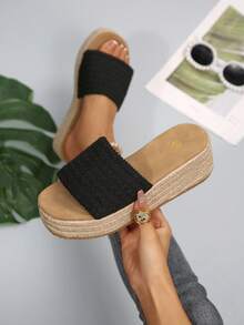 Sandal đế xuồng dệt màu đen dành cho nữ, thiết kế tối giản thoải mái, phù hợp cho kỳ nghỉ, bãi biển, ở nhà, mặc hàng ngày vào mùa hè, dép hở mũi dệt thời trang thường ngày. - màu đen - Xem 2